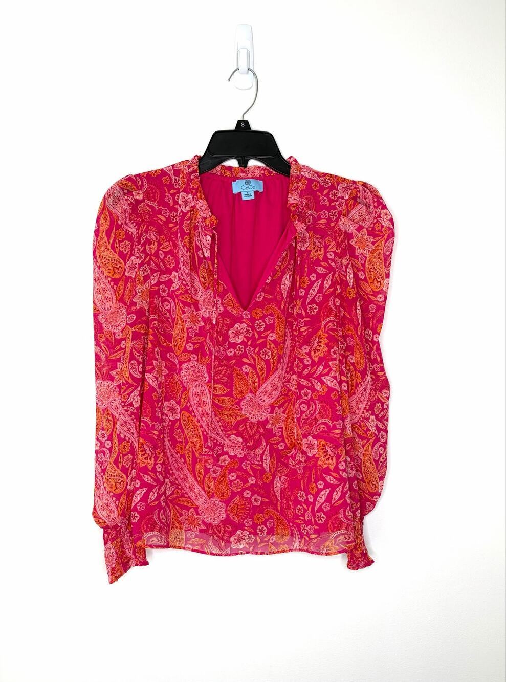 CeCe Floral Paisley Blouse Sz S Puff Sleeves Ruffles Smocked Cuff Cottagecore